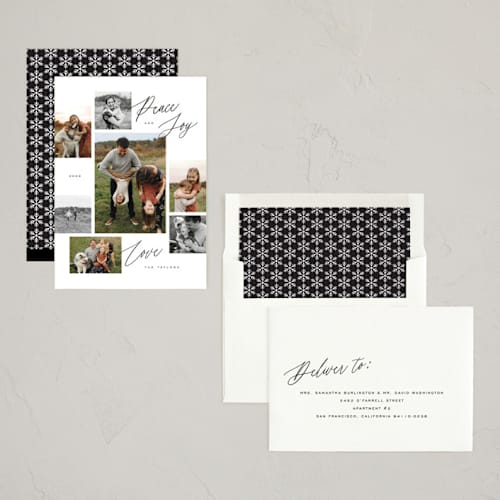 This is a penguin new year photo cards with standard by Michelle Taylor called scattered gallery printing on recycled smooth signature in standard