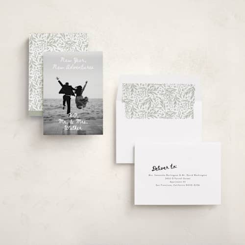 This is a winter new year photo cards with standard by Alethea and Ruth called new adventure xo's printing on recycled smooth signature in standard