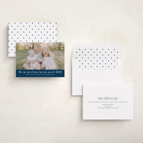 This is a navy new year photo cards with standard by Erica Krystek called short on time printing on recycled smooth signature in standard