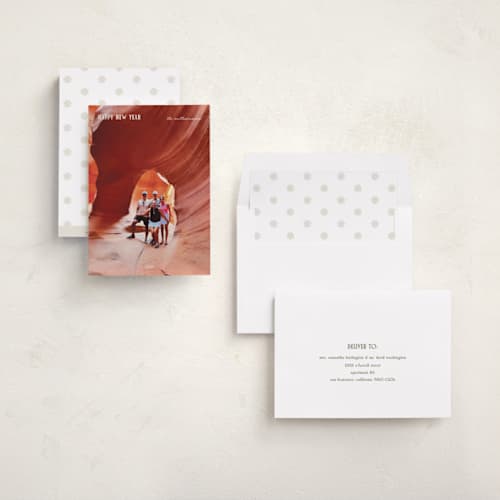 This is a cream new year photo cards with standard by Blustery August called traveller printing on recycled smooth signature in standard