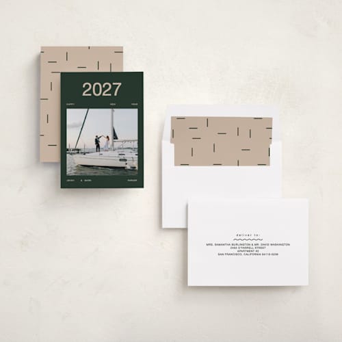 This is a evergreen new year photo cards with standard by Kelly Watkins called major printing on recycled smooth signature in standard