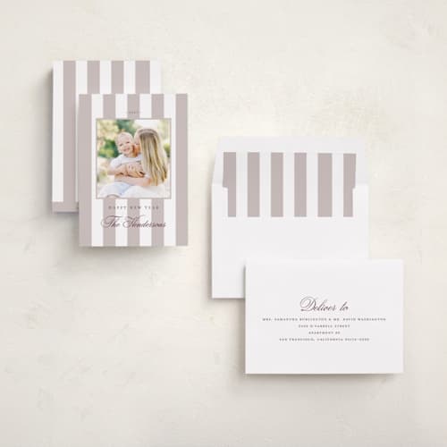 This is a velvet new year photo cards with standard by Emily Betts called preppy stripes printing on recycled smooth signature in standard