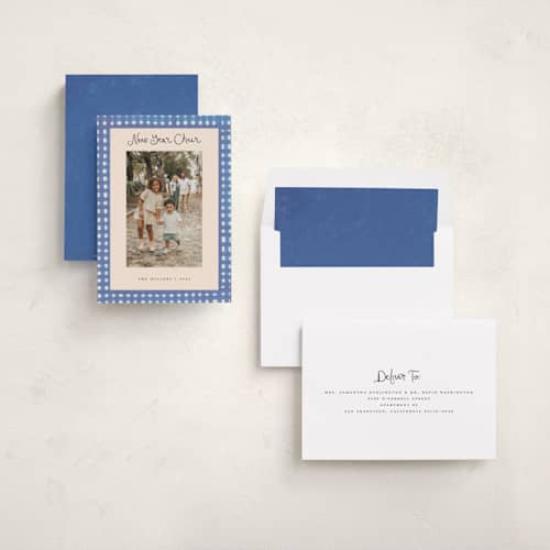 This is a ocean new year photo cards with standard by Teju Reval called bold gingham printing on recycled smooth signature in standard