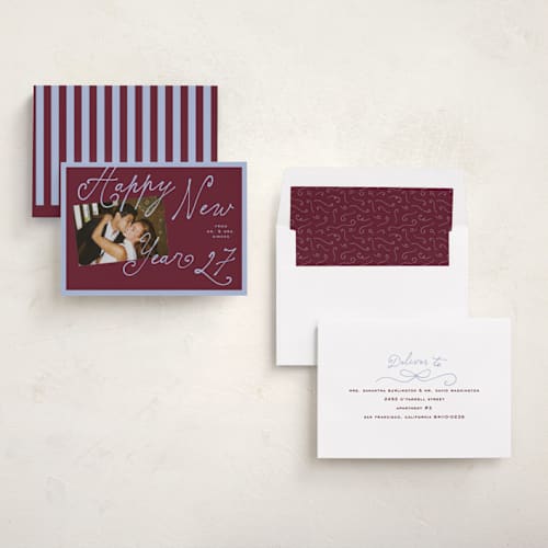 This is a grape new year photo cards with standard by Claudia Orengo called curly printing on recycled smooth signature in standard