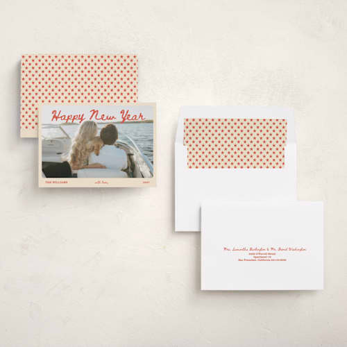 This is a peppermint new year photo cards with standard by Rina Ozum called cheers to the new year printing on recycled smooth signature in standard