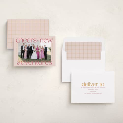 This is a blush new year photo cards with standard by Owl and Toad called cheers to new printing on recycled smooth signature in standard