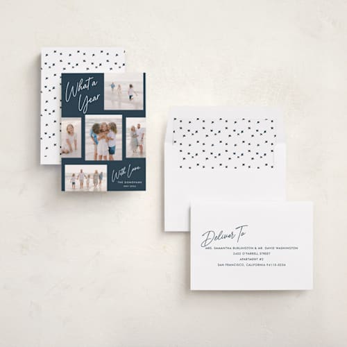This is a lake new year photo cards with standard by Stacey Meacham called simply scripted printing on recycled smooth signature in standard