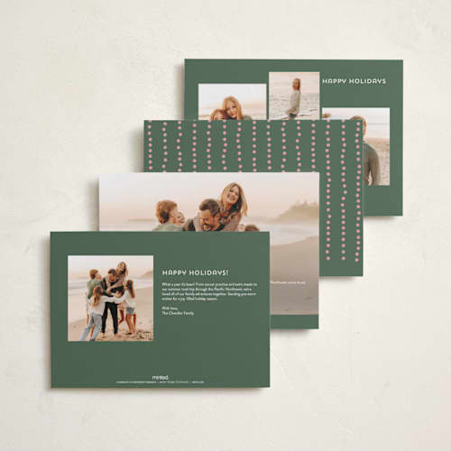 This is a pine new year photo cards with standard by lulu and isabelle called h a p p i e s t printing on recycled smooth signature in standard