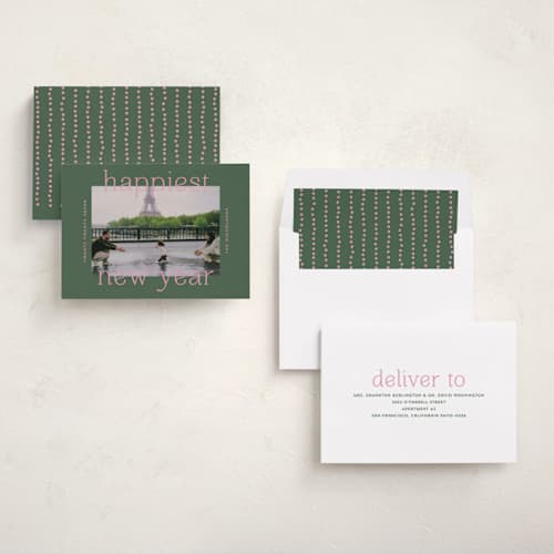 This is a pine new year photo cards with standard by lulu and isabelle called h a p p i e s t printing on recycled smooth signature in standard