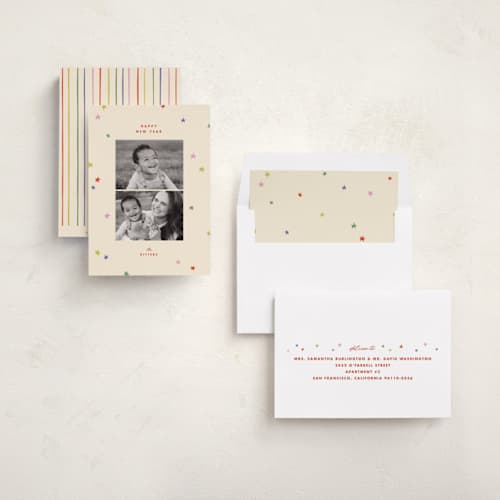 This is a cherry new year photo cards with standard by Ellen Schlegelmilch called starshine printing on recycled smooth signature in standard