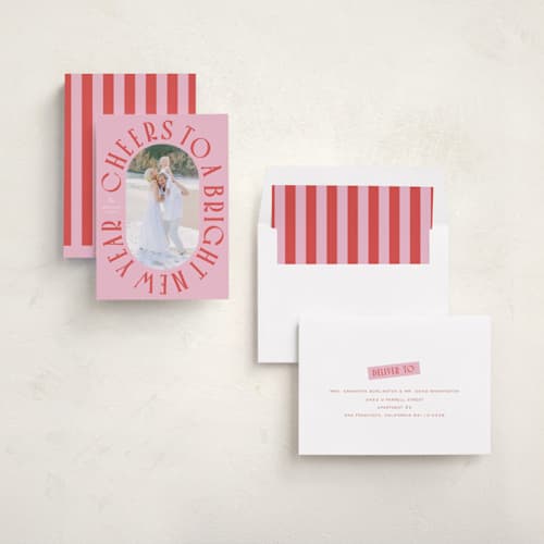 This is a peppermint new year photo cards with standard by Erin German called cheers to a bright new year printing on recycled smooth signature in standard