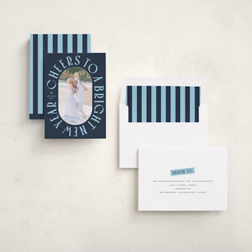 This is a spruce new year photo cards with standard by Erin German called cheers to a bright new year printing on recycled smooth signature in standard