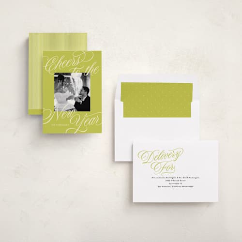 This is a lime new year photo cards with standard by Jackie Crawford called all scripts printing on recycled smooth signature in standard