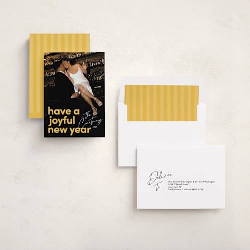 This is a goldenrod new year photo cards with standard by Kacey Kendrick Wagner called bright message printing on recycled smooth signature in standard