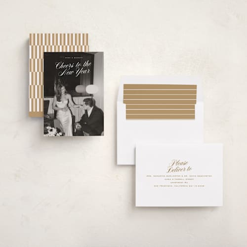 This is a marshmallow new year photo cards with standard by Ekko Studio called classy cheer printing on recycled smooth signature in standard