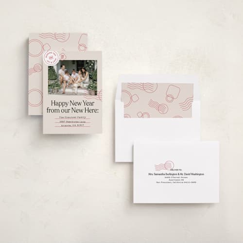 This is a cranberry new year photo cards with standard by Shari Margolin called new here printing on recycled smooth signature in standard