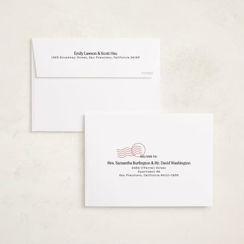 This is a cranberry new year photo cards with standard by Shari Margolin called new here printing on recycled smooth signature in standard