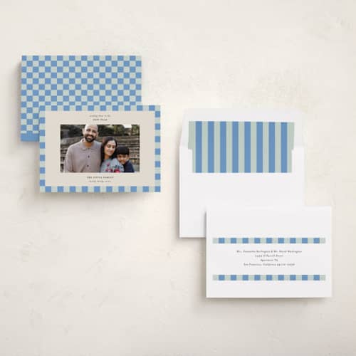 This is a sky new year photo cards with standard by Jackie Crawford called fun border checkers printing on recycled smooth signature in standard