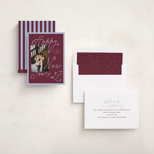 This is a grape new year photo cards with standard by Claudia Orengo called curly printing on recycled smooth signature in standard