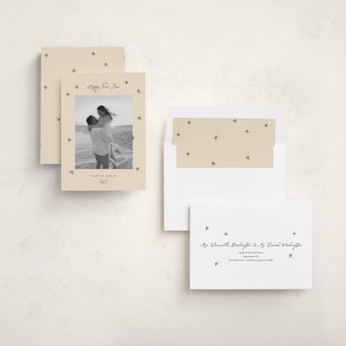 This is a vanilla new year photo cards with standard by Benita Crandall called hand drawn stars printing on recycled smooth signature in standard