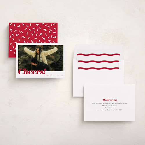 This is a poinsettia new year photo cards with standard by Emily Sabol Goss called glittering cheers printing on recycled smooth signature in standard