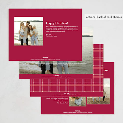 This is a stocking new year photo cards with standard by Makewells called plaid peace printing on recycled smooth signature in standard