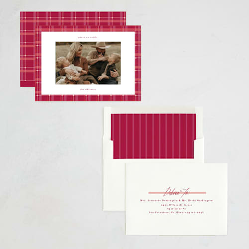 This is a stocking new year photo cards with standard by Makewells called plaid peace printing on recycled smooth signature in standard