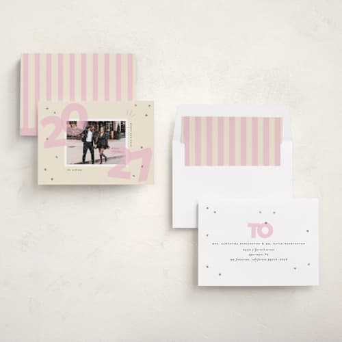 This is a blush new year photo cards with standard by Ashley Iwafuchi called bold beginning printing on recycled smooth signature in standard