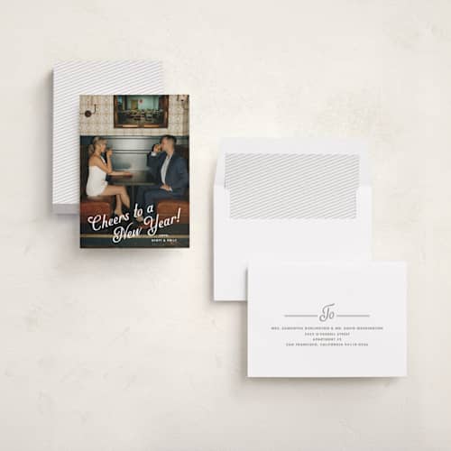 This is a snow new year photo cards with standard by Kate Ahn called cin-cin printing on recycled smooth signature in standard