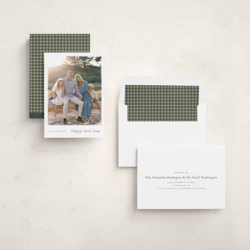 This is a evergreen new year photo cards with standard by Wildfield Paper Co called slate printing on recycled smooth signature in standard