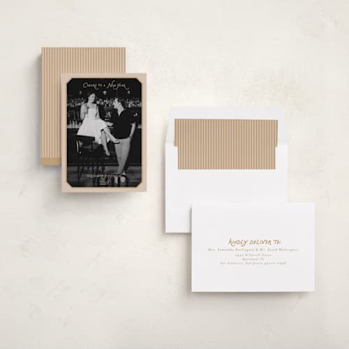 This is a almond new year photo cards with standard by Jennifer Holbrook called beveled corners printing on recycled smooth signature in standard