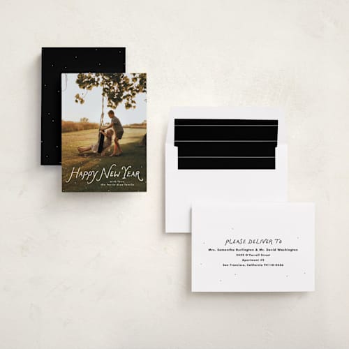This is a penguin new year photo cards with standard by Lea Delaveris called handwritten happy printing on recycled smooth signature in standard