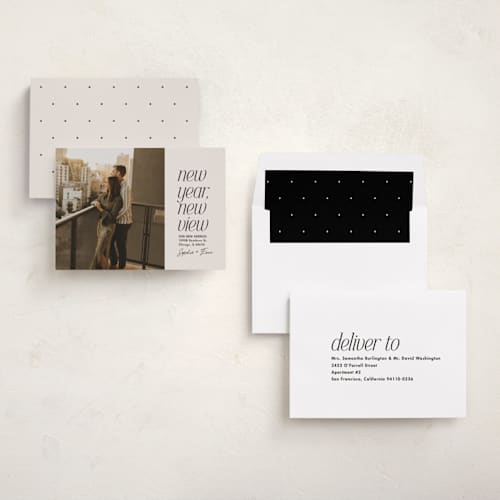 This is a vanilla new year photo cards with standard by Lea Delaveris called new view printing on recycled smooth signature in standard