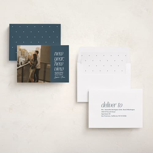This is a jeans new year photo cards with standard by Lea Delaveris called new view printing on recycled smooth signature in standard