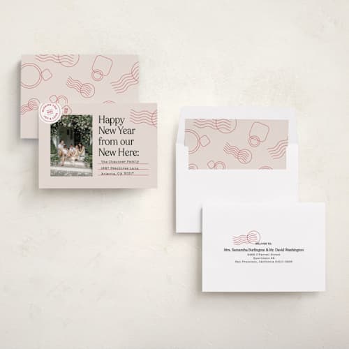 This is a cranberry new year photo cards with standard by Shari Margolin called new here printing on recycled smooth signature in standard