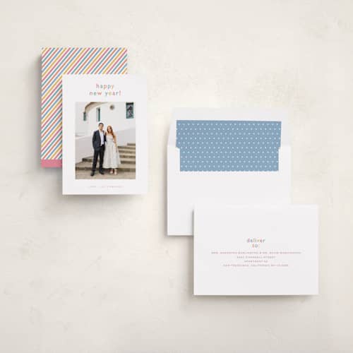 This is a rainbow new year photo cards with standard by Carolyn MacLaren called smoothie printing on recycled smooth signature in standard