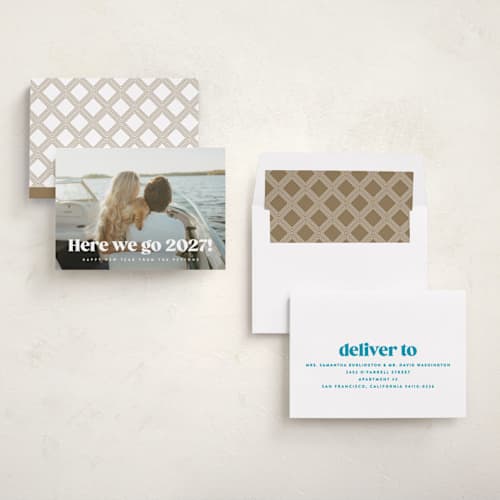 This is a snow new year photo cards with standard by Kristie Kern called here we go! printing on recycled smooth signature in standard