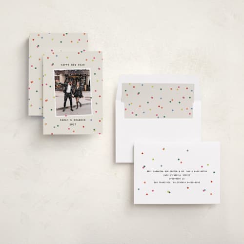 This is a ecru new year photo cards with standard by Kercia Jane called confetti moment printing on recycled smooth signature in standard