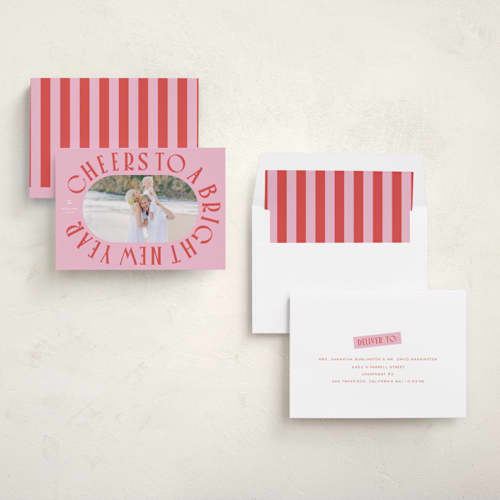 This is a peppermint new year photo cards with standard by Erin German called cheers to a bright new year printing on recycled smooth signature in standard