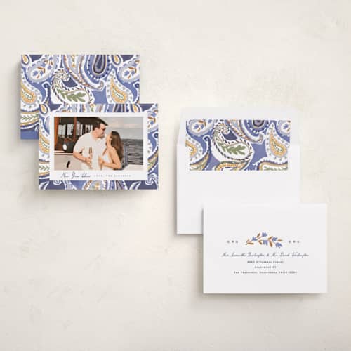 This is a marine new year photo cards with standard by Rebecca Durflinger called painterly paisley printing on recycled smooth signature in standard