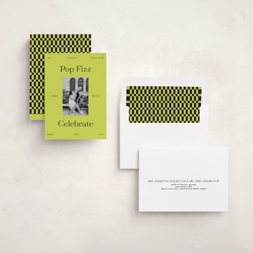 This is a lime new year photo cards with standard by Rachel Cassel called neon printing on recycled smooth signature in standard