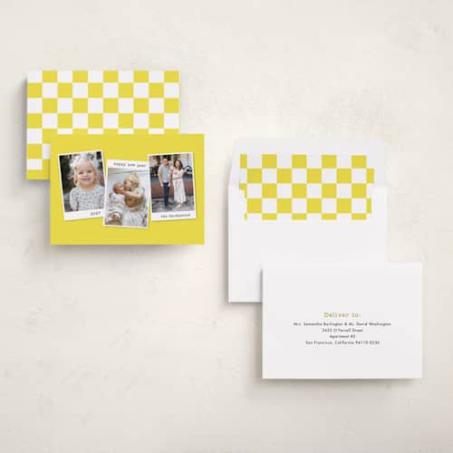 This is a lemon new year photo cards with standard by Kristen Knechtel called memories x3 printing on recycled smooth signature in standard