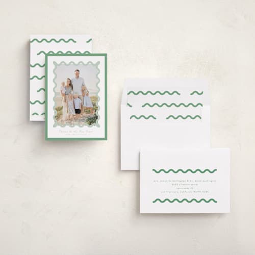 This is a spearmint new year photo cards with standard by Blustery August called party squiggle printing on recycled smooth signature in standard