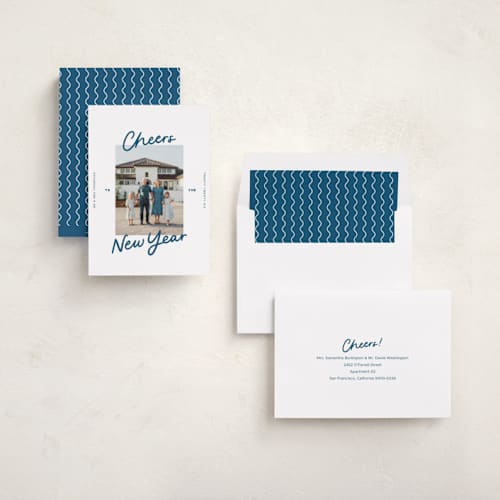 This is a blue jeans new year photo cards with standard by Abbigail Lim called a simple cheers printing on recycled smooth signature in standard