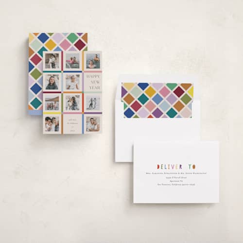 This is a rainbow new year photo cards with standard by lulu and isabelle called a year of colors printing on recycled smooth signature in standard