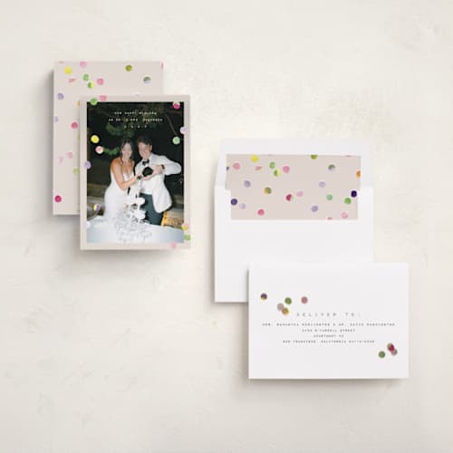 This is a cream new year photo cards with standard by Anastasia Makarova called our new era printing on recycled smooth signature in standard