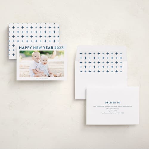 This is a aqua new year photo cards with standard by Carolyn MacLaren called happy colors printing on recycled smooth signature in standard