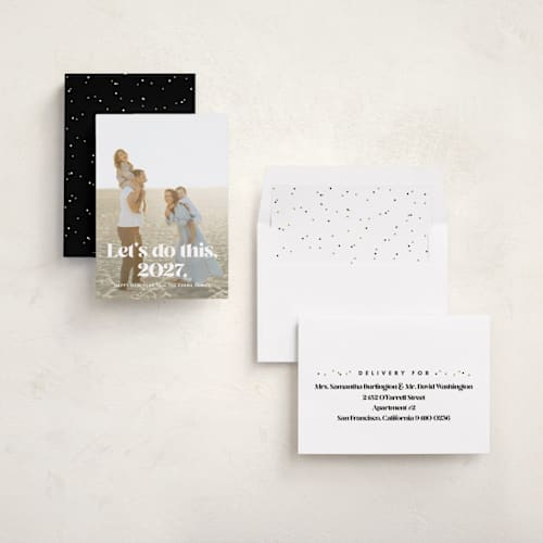 This is a snow new year photo cards with standard by Lea Delaveris called let's do this printing on recycled smooth signature in standard
