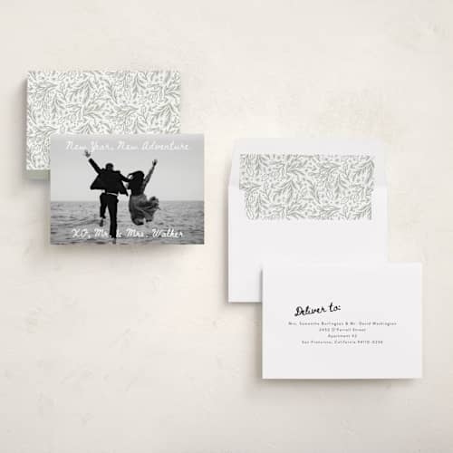 This is a winter new year photo cards with standard by Alethea and Ruth called new adventure xo's printing on recycled smooth signature in standard