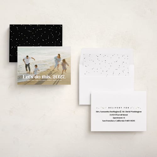 This is a snow new year photo cards with standard by Lea Delaveris called let's do this printing on recycled smooth signature in standard